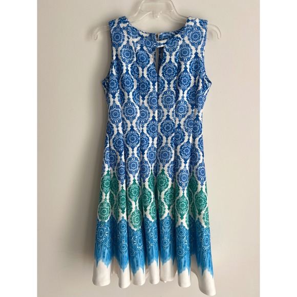 Danny and Nicole Dresses & Skirts - Danny and Nicole Fun Blue Green Geometric Print Fit Flare Keyhole Dress Womens 8